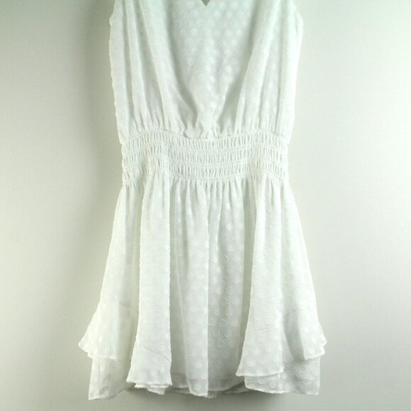 Ramy Brook Simona White Swiss Dot V-Neck Ruffle Trim Smocked Waist Mini Dress S - Picture 4 of 7